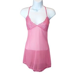 Victoria's‎ Secret Pink Lace Trim Sheer Babydoll Chemise Lingerie Size M
